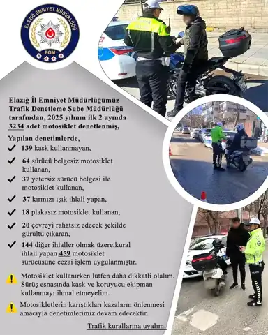 Elazığ'da Motosiklet Sürücülerine Ceza Yağmuru